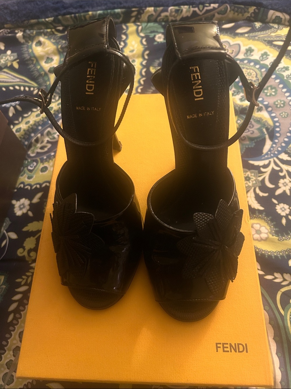 Fendi Black Patent Leather Floral Ankle-Strap Heels